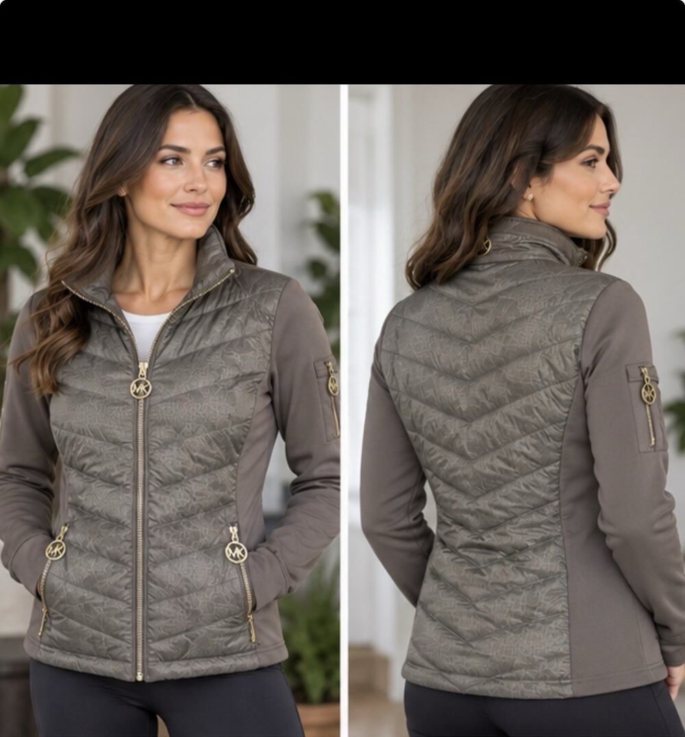 MICHAEL Michael Kors Women’s L Gray Quilted Puffer Hybrid Jacket Full Zip